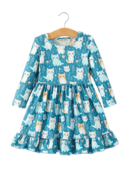 Fall Cat Print Girls Long Sleeve Ruffle Hem Dress
