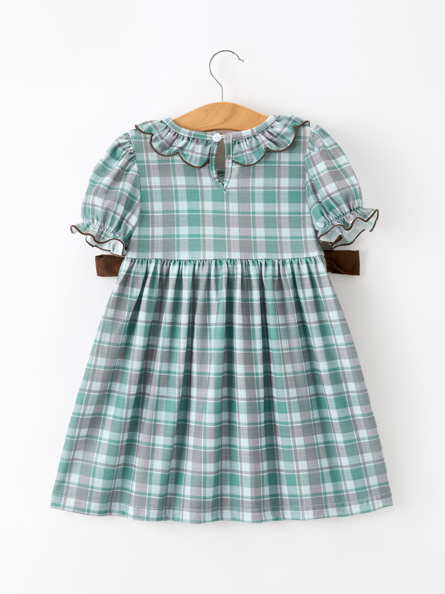 Plaid Moose Smocked Girls Puff Sleeve Dress