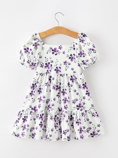 Fall Lavender Floral Puff Sleeve Girls Dress