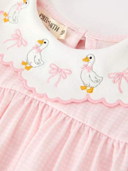 Pink Goose Embroidered Baby Girl Romper Ruffle Collar