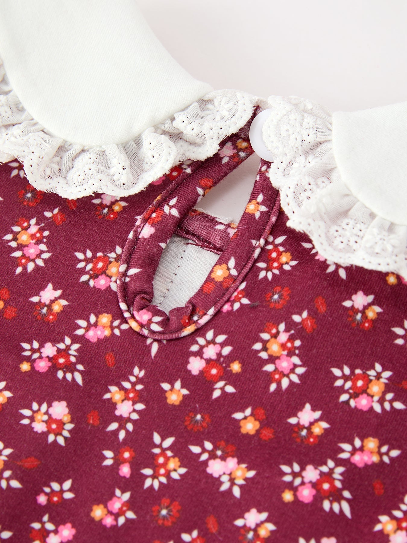 Burgundy Floral Smocked Girls Dress Peter Pan Collar Lace Trim