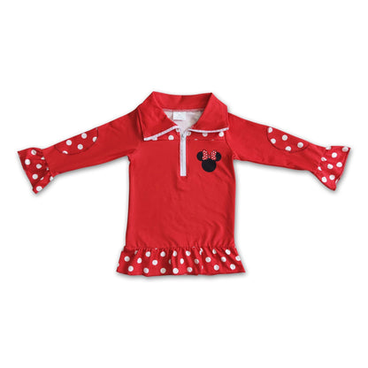 Red polka dots screen print zipper mouse girls pullover