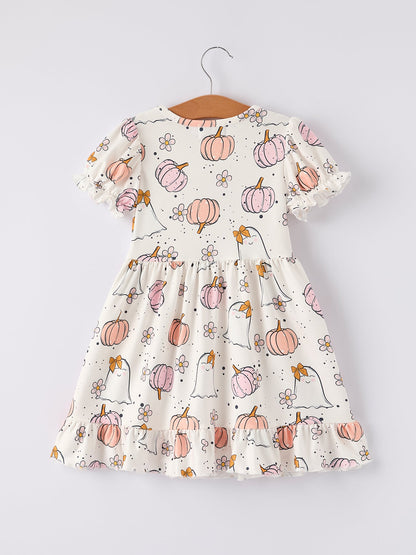Halloween Pumpkin Ghost Print Cute Girls Dress