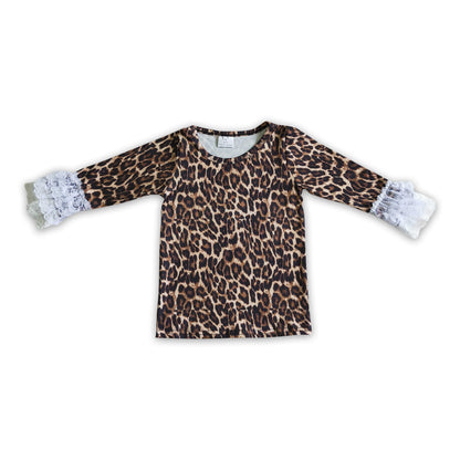 Leopard lace ruffle sleeves girls fall shirt