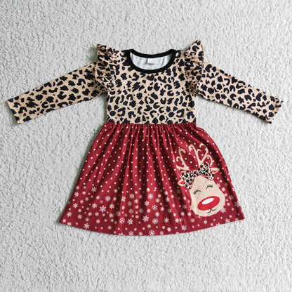 Leopard reindeer screen print girls Christmas dresses
