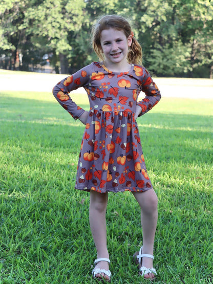 Fall Autumn Leaves Pine Cone Stripe Print Girls Dress
