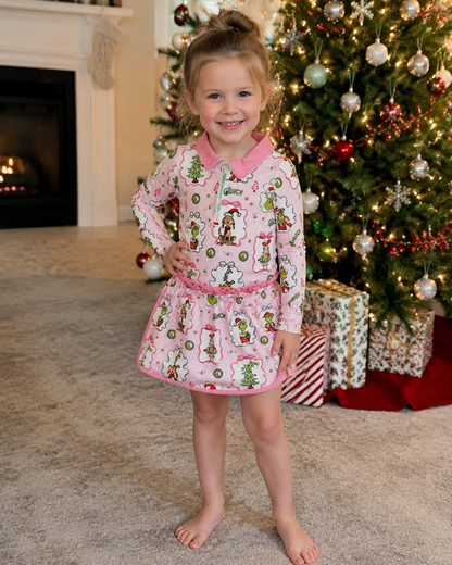 Pink bow green face pullover skirt girls Christmas outfit