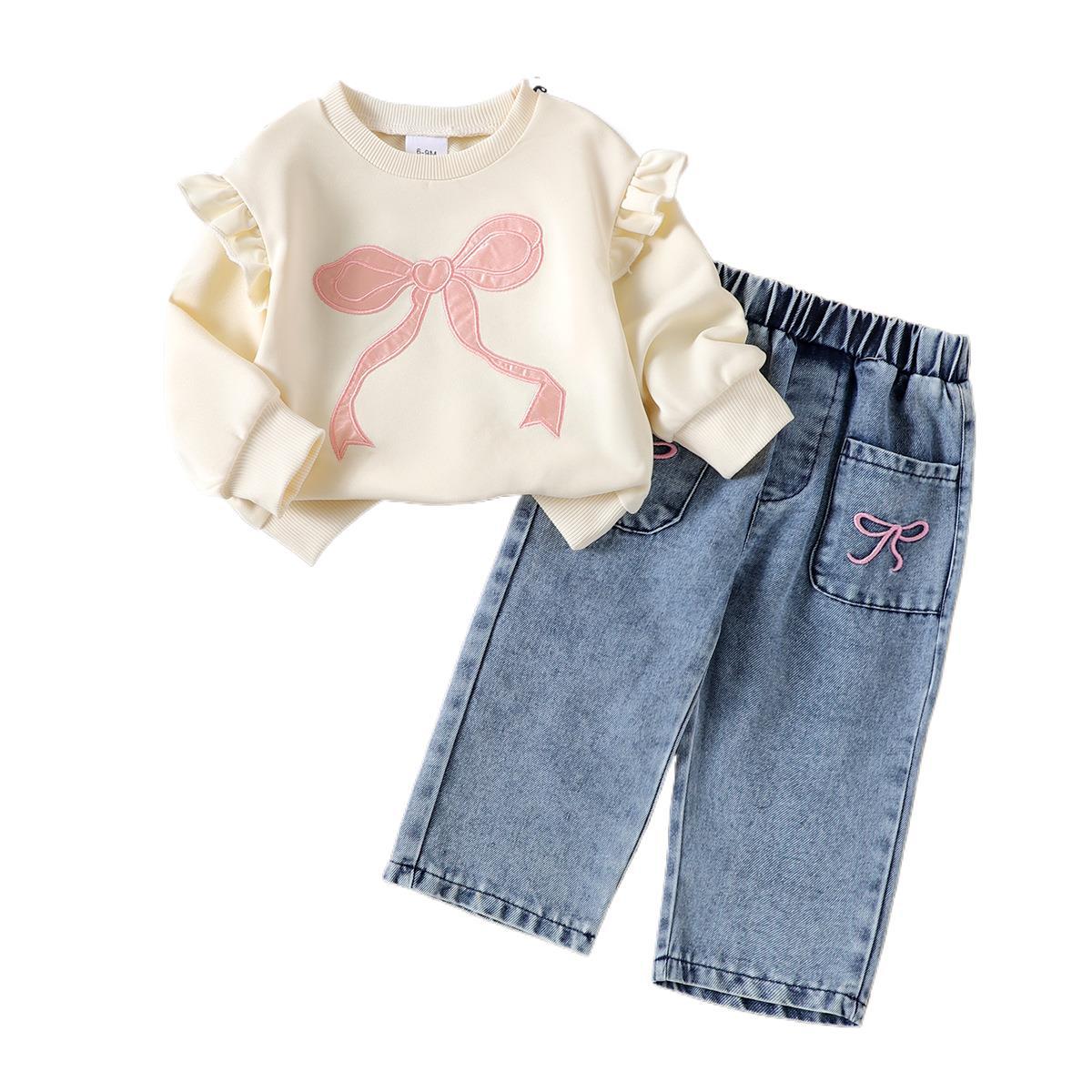 Long-sleeve Bow-print Hoodie Denim Jeans