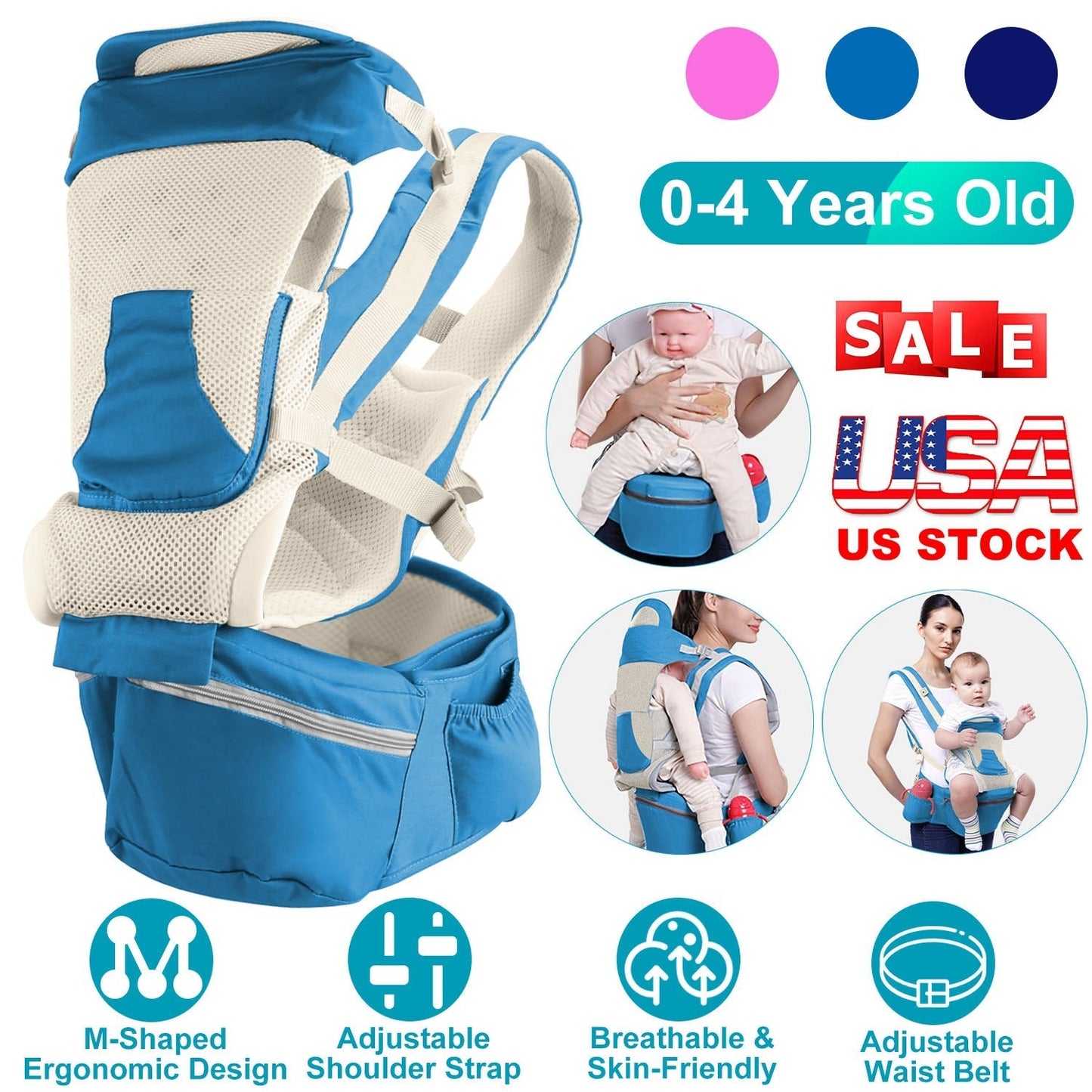 Multifunctional Baby Carrier with Hip Seat & Head Hood