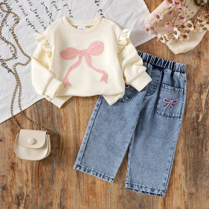Long-sleeve Bow-print Hoodie Denim Jeans