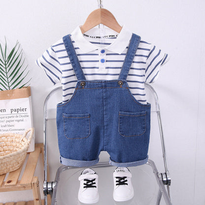Boys Striped Lapel Denim Dungaree Set 2-Piece