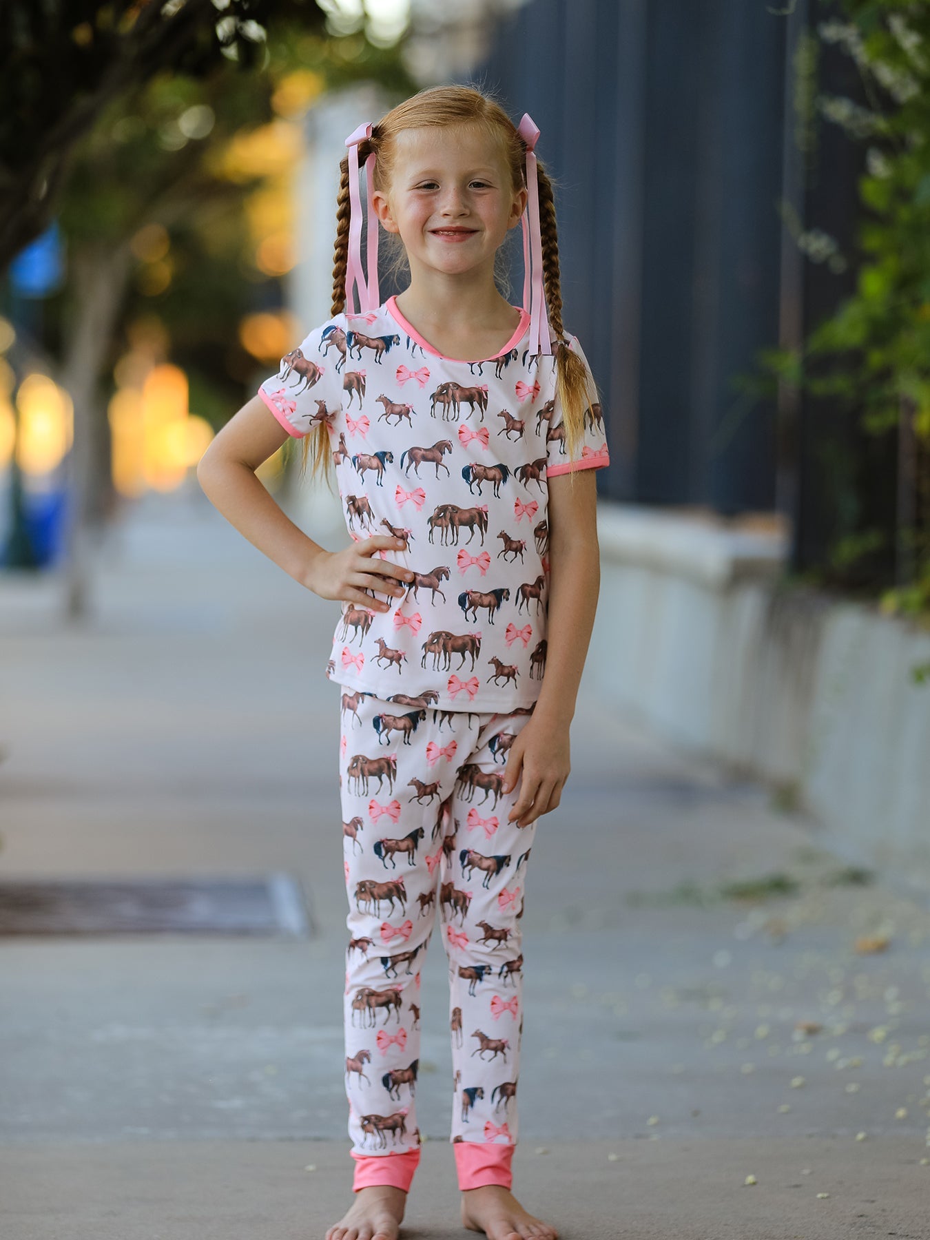 Girls Western Horse Bow Pajamas Set Print