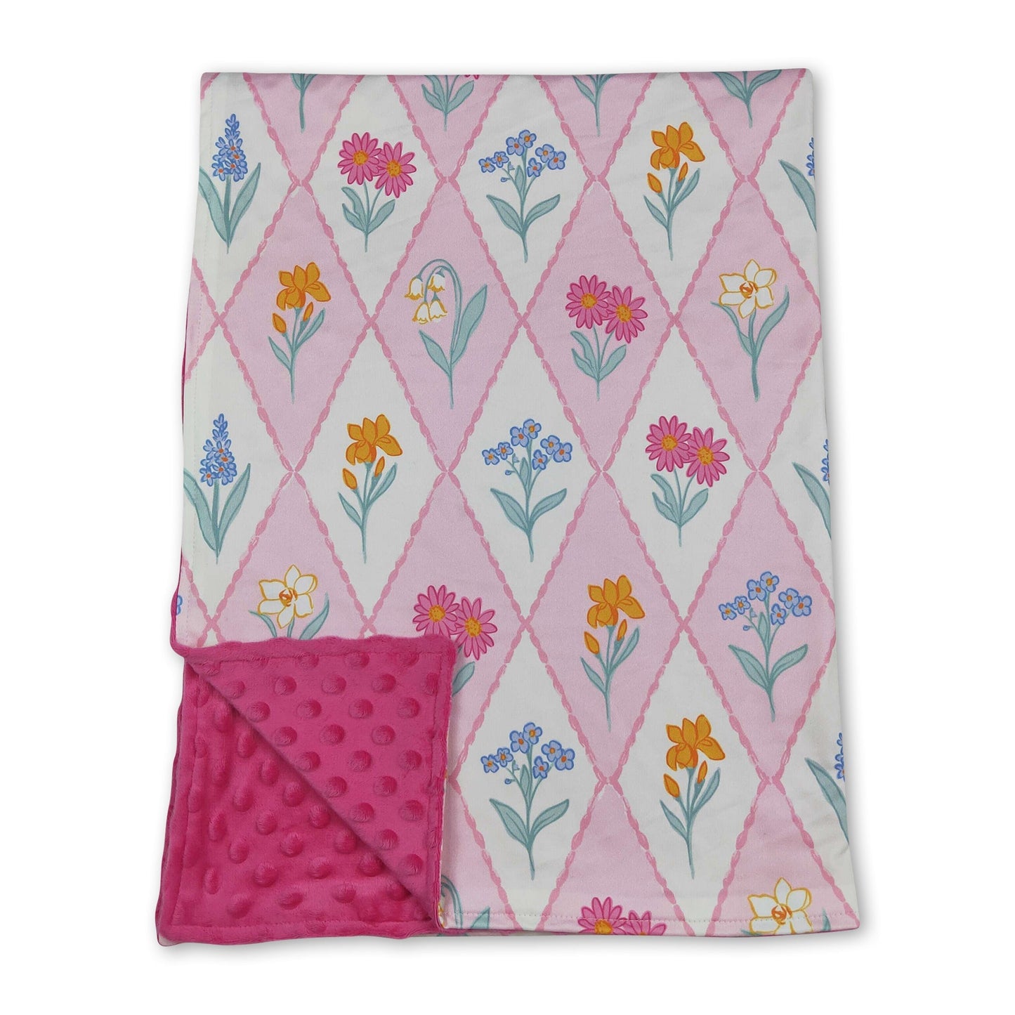 Hot pink polka dots floral minky baby girls blanket