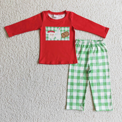 Santa milk cookie shirt plaid pants boy Christmas clothes