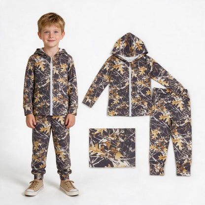 Long sleeves leaves camo hooded jacket pants boys outfits