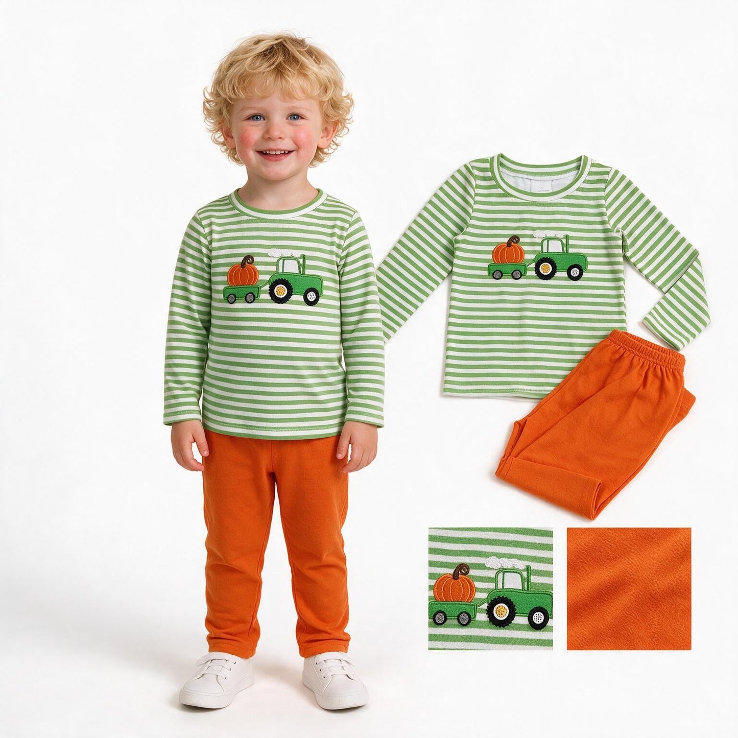 Green stripe pumpkin embroidery top pants boys fall outfits