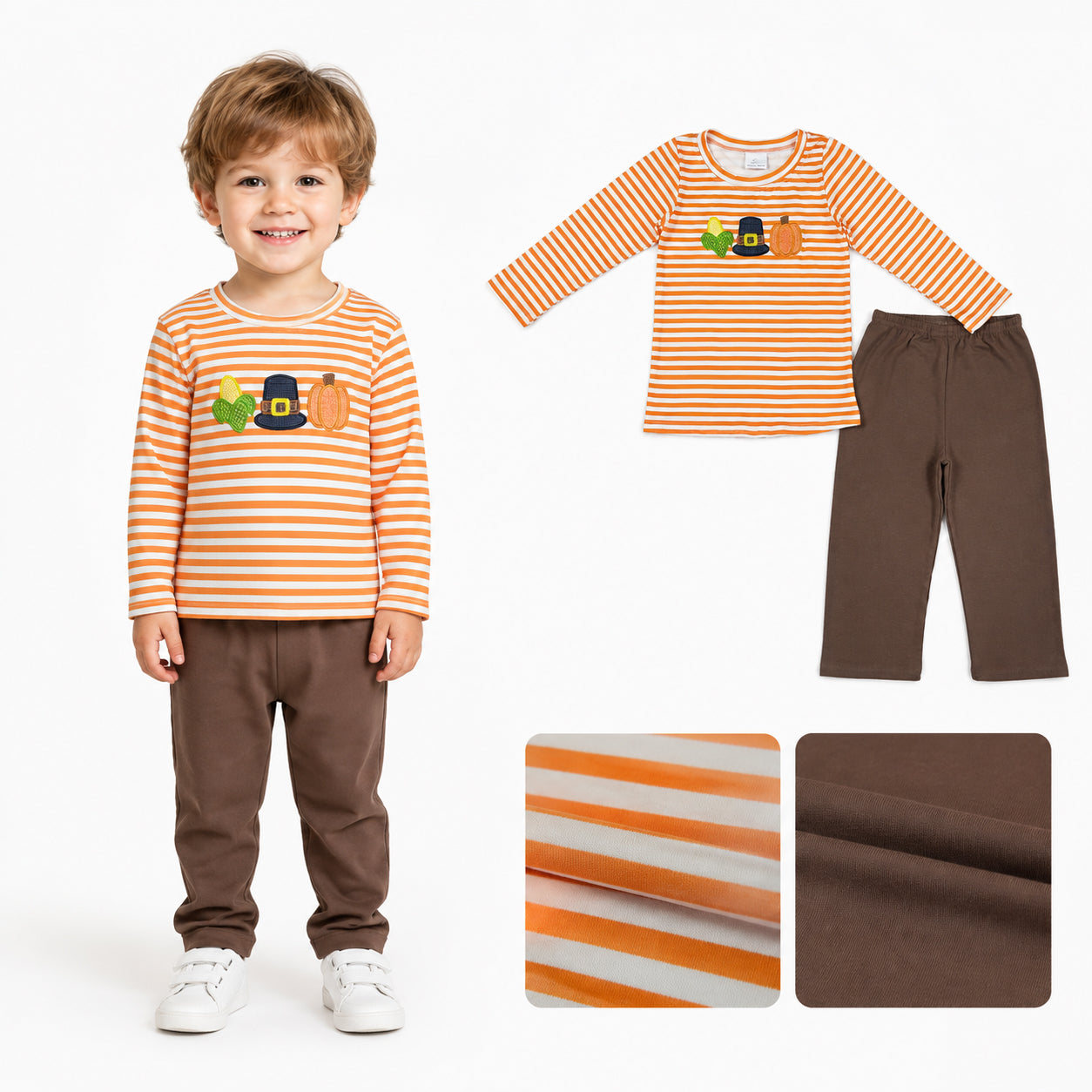 Stripe corn pumpkin embroidery top pants boys fall outfits