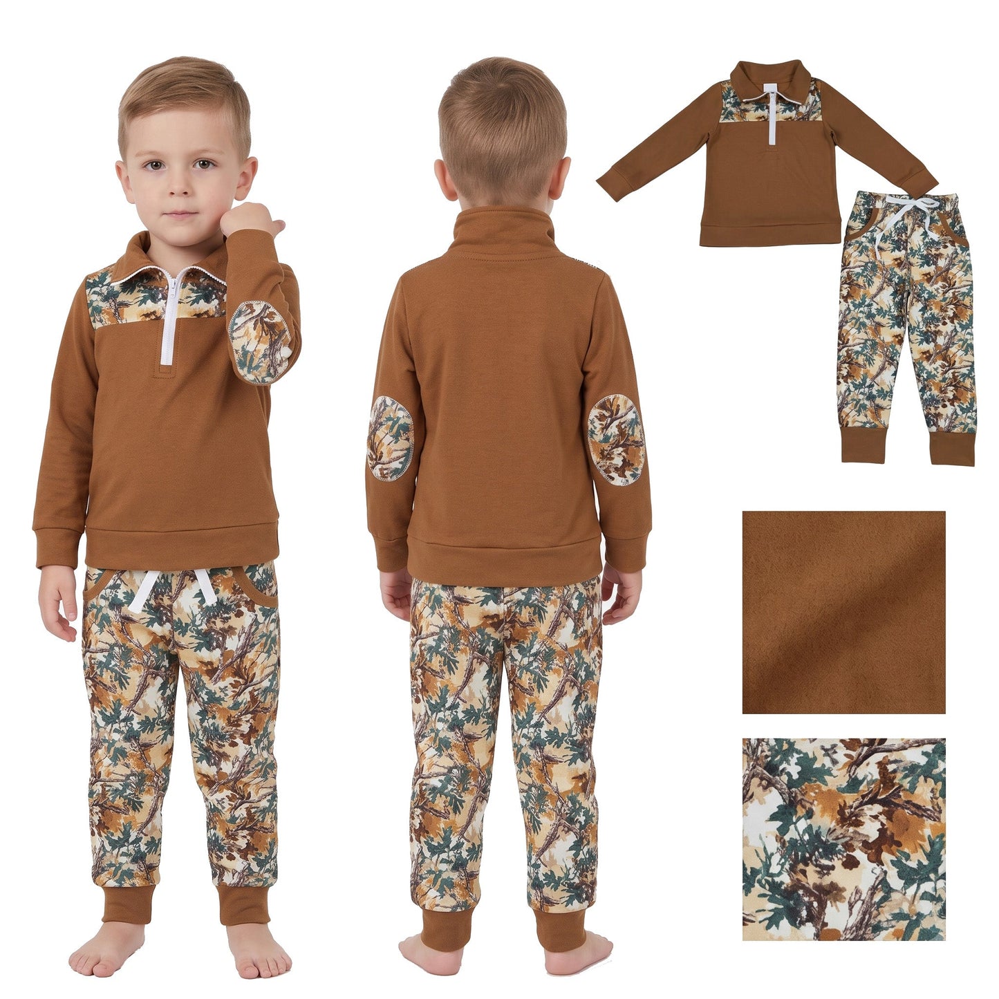 Long sleeves brown zipper pullover leaves pants boys outfits