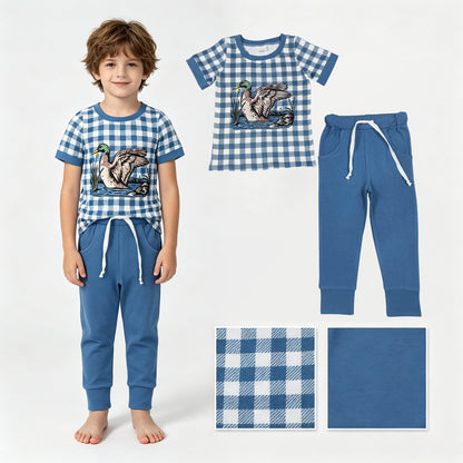 Short sleeves plaid duck top pants kids boys outfits