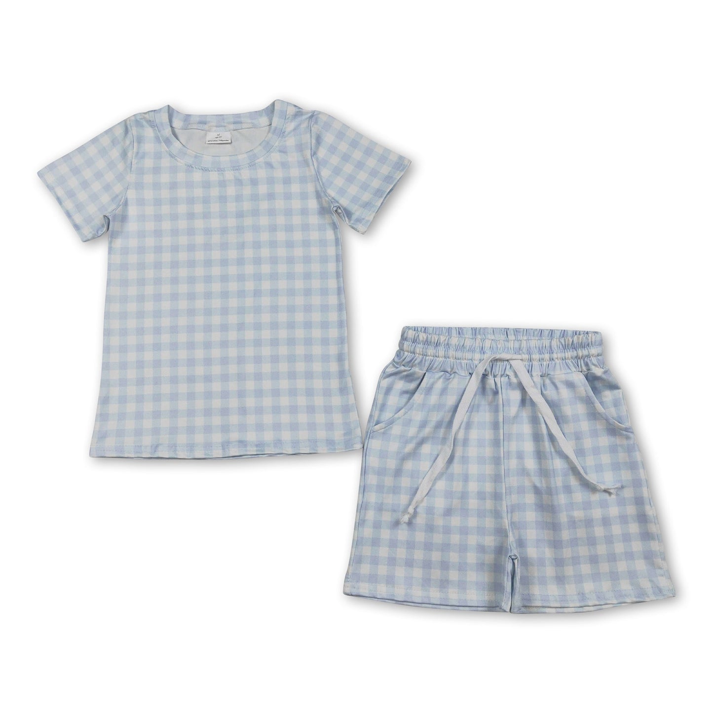 Short sleeves light blue plaid top shorts kids boys outfits