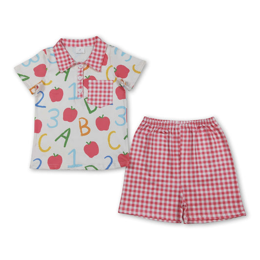 ABC apple polo shirt plaid shorts boys back to school set