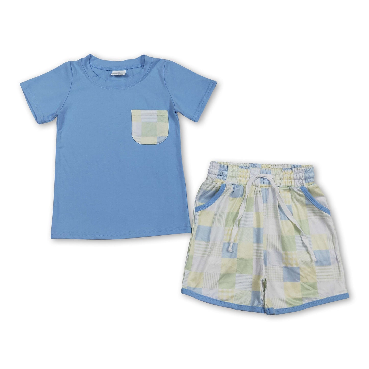 Short sleeves pocket top plaid shorts boys summer outfits