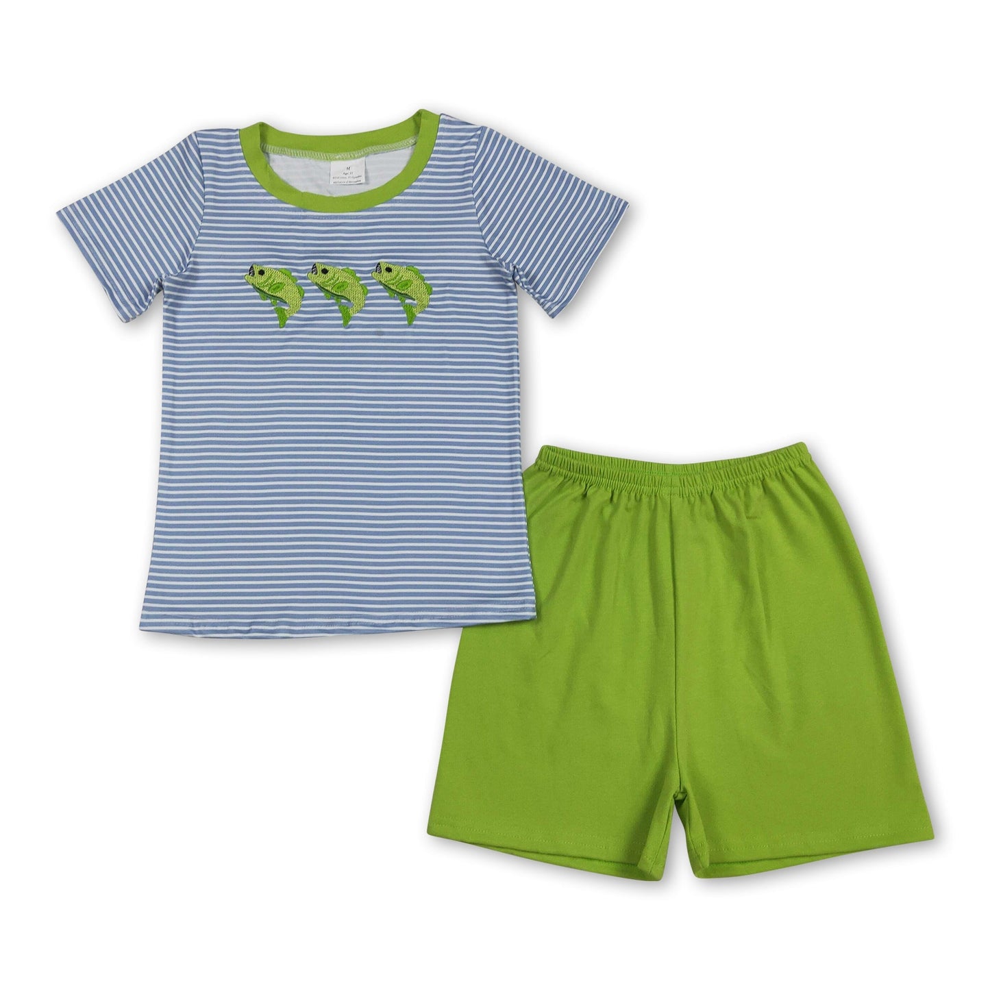 Stripe short sleeves fish embroidery kids boys outfits