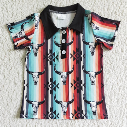Aztec bull skull short sleeve boy western shirt