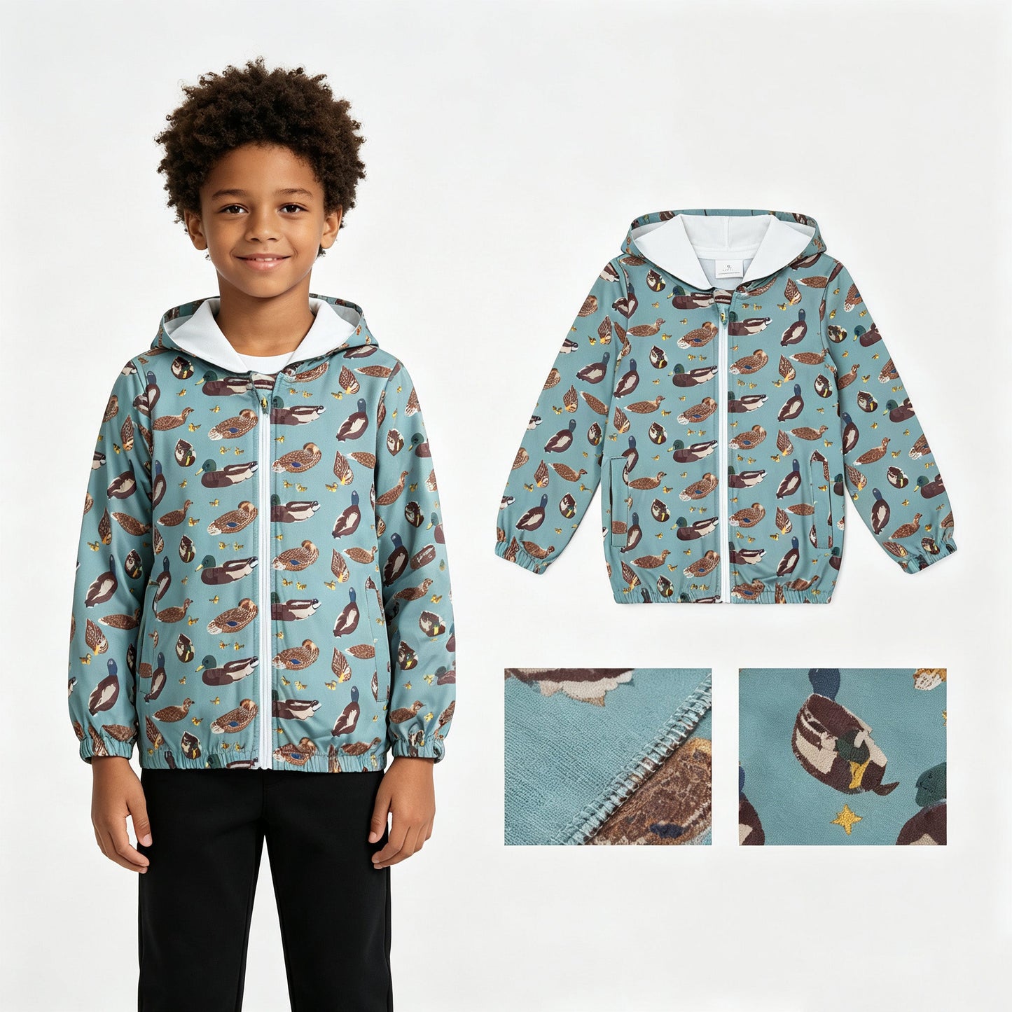 Long sleeves kids boys duck hooded zipper jacket