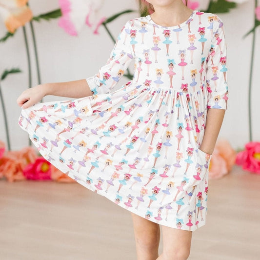 Ballerina Bows 3/4 Sleeve Pocket Twirl Dress