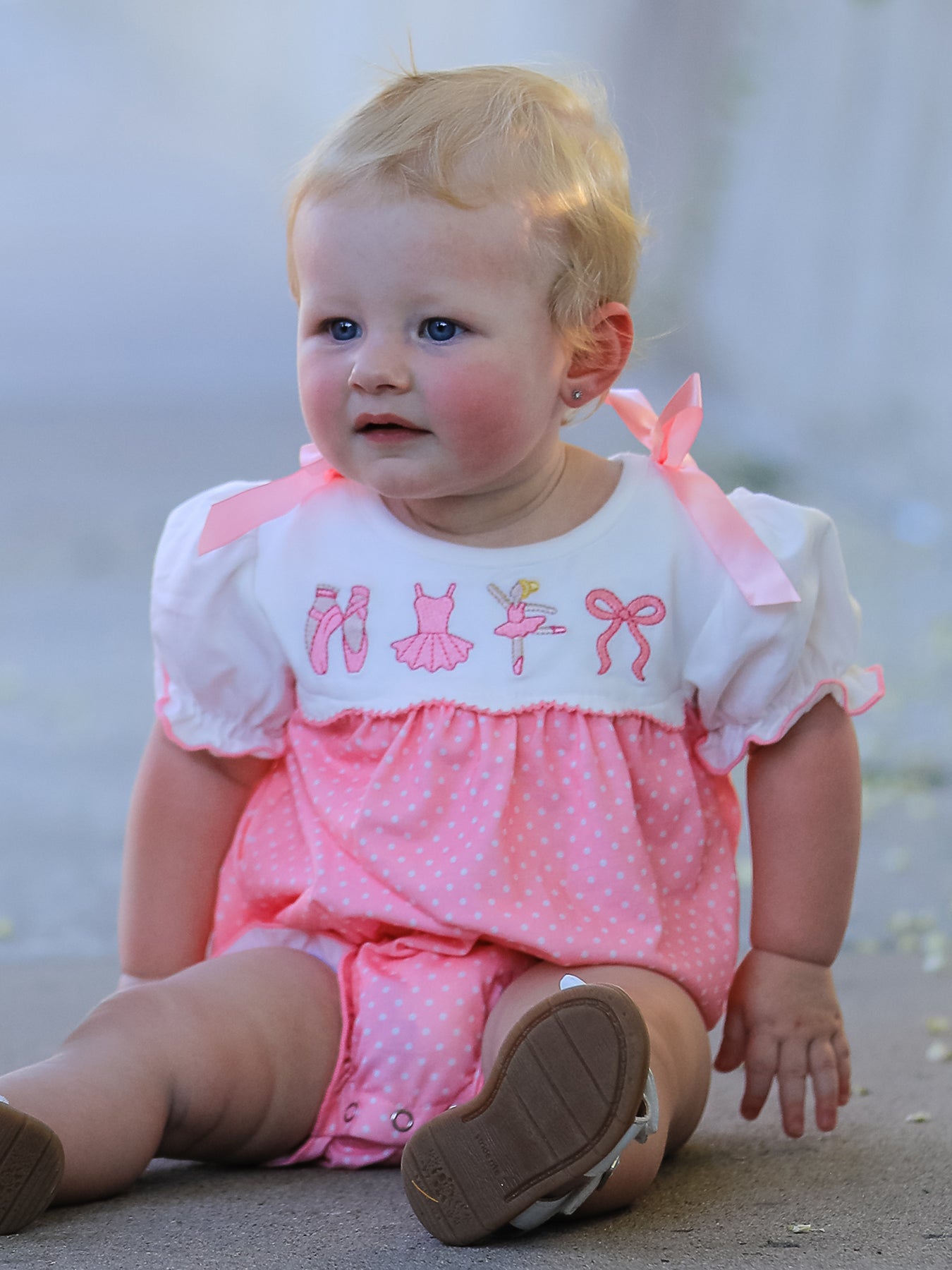 Fall Pink Ballet Embroidery Bow Bubble Romper