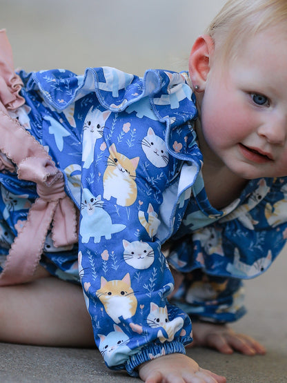 Fall Cat Print Girls Long Sleeve Romper