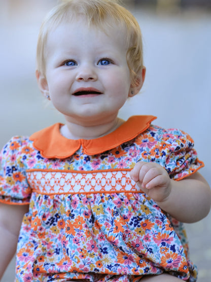 Fall Floral Smocked Petals Collar Girls Bubble Romper
