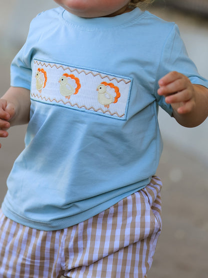 Fall Thanksgiving Plaid Chick Embroidery Smocking Boys Set