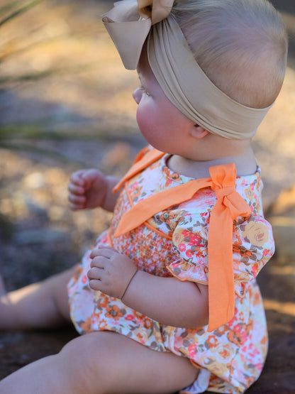 Peach Bow Smocked Floral Baby Bubble