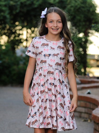 Girls Western Horse Print Twirl Dress Short Sleeve