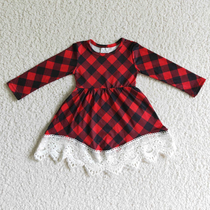Buffalo plaid long sleeves girls lace Christmas dresses