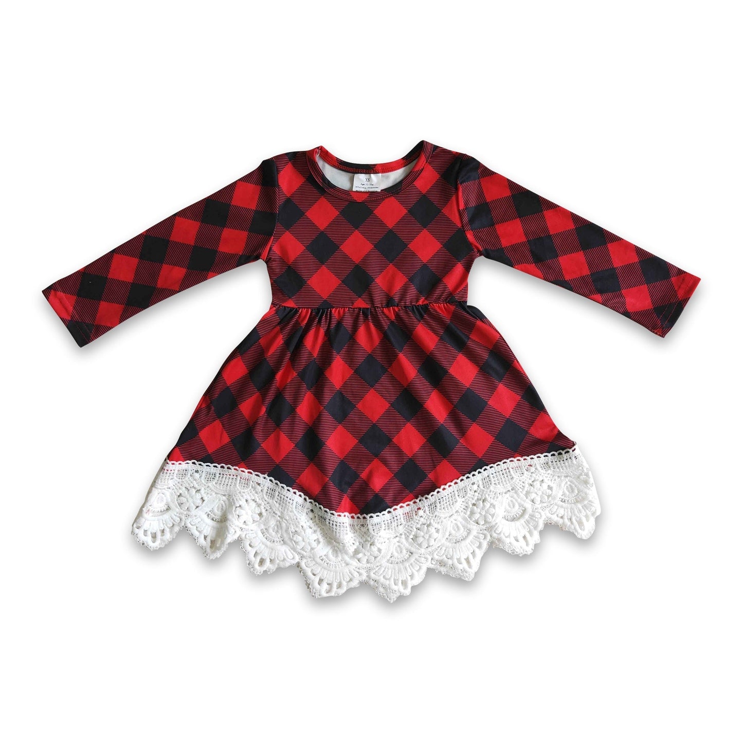 Buffalo plaid long sleeves girls lace Christmas dresses