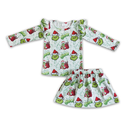Green face long sleeve shirt skirt kids girls Christmas set