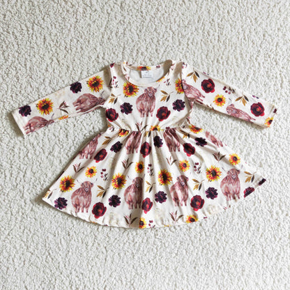Highland cow floral long sleeves baby girls twirl dresses
