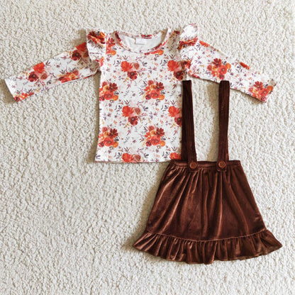 Floral shirt match brown velvet suspender skirt girls fall winter clothes