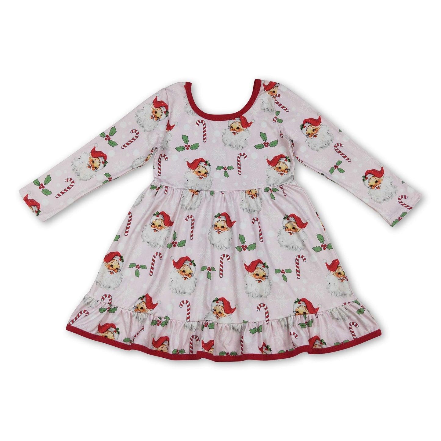 Long sleeves santa candy cane ruffle girls Christmas dresses