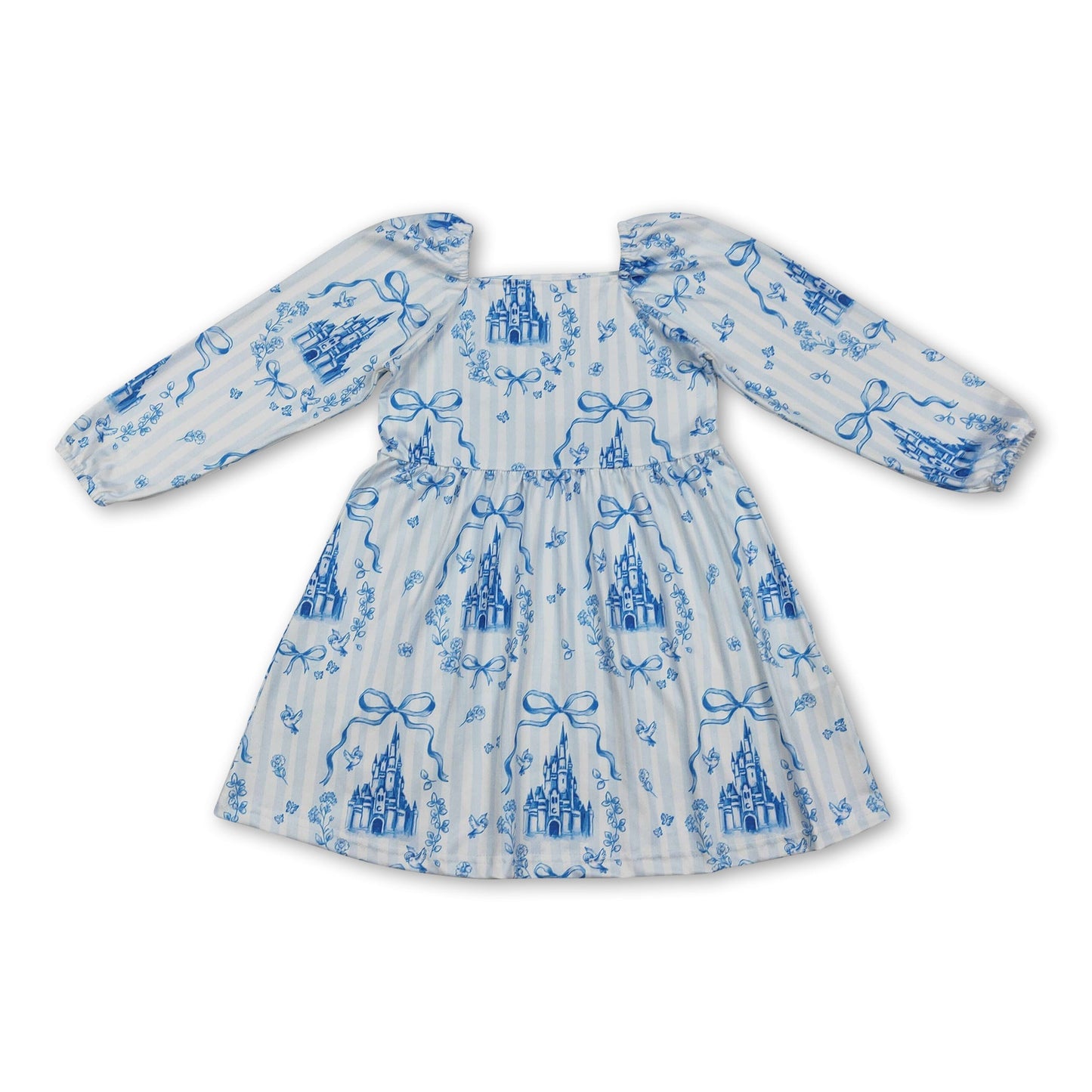 Long sleeves stripe bow castle kids girls dresses