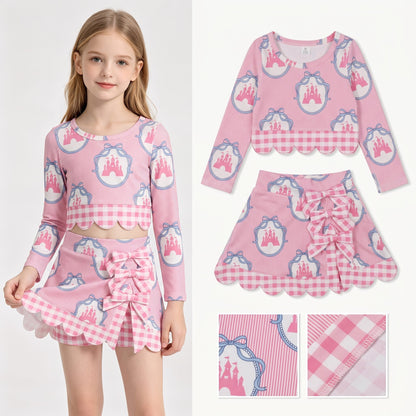Long sleeves pink bow castle scallop girls active wear