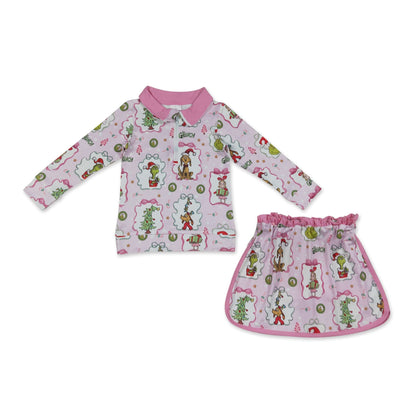 Pink bow green face pullover skirt girls Christmas outfit