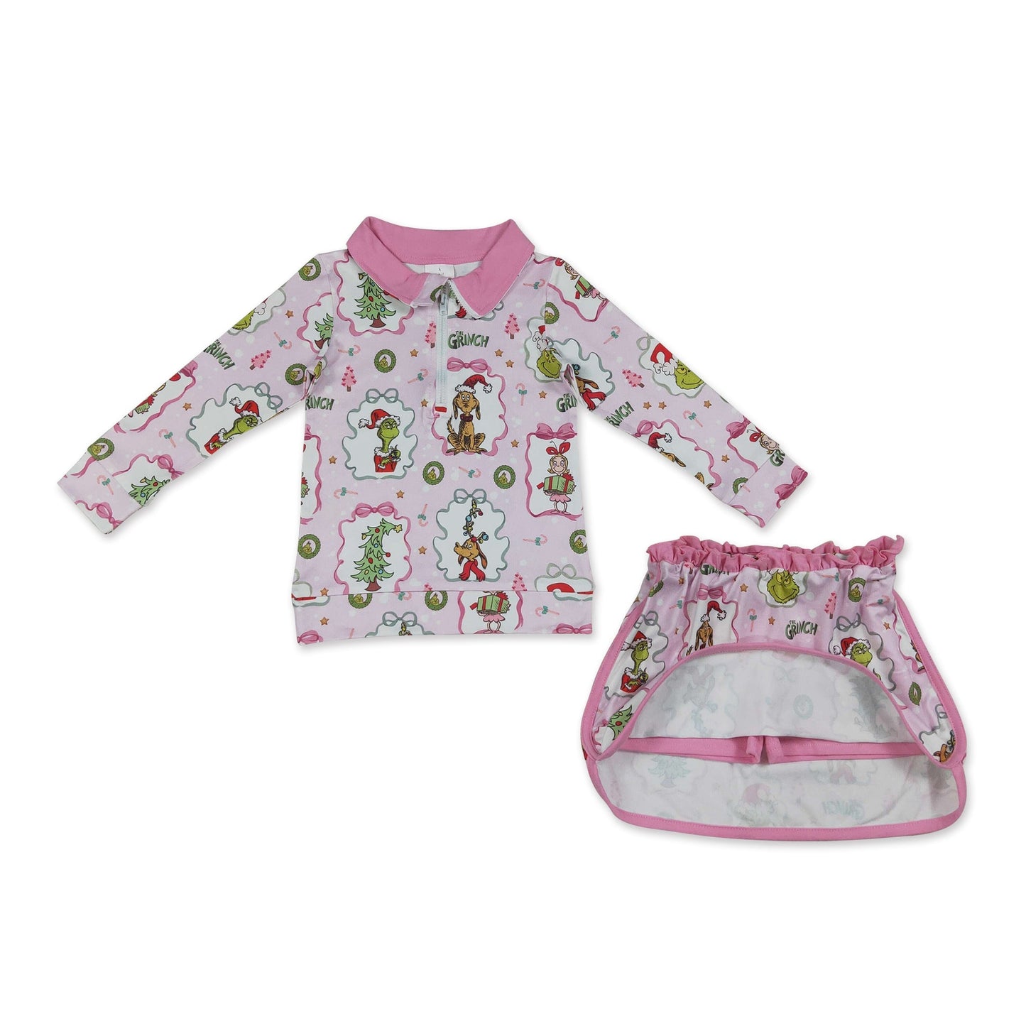 Pink bow green face pullover skirt girls Christmas outfit