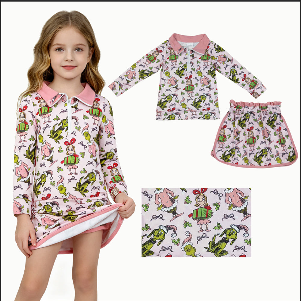 Green face gift pink pullover skirt girls Christmas outfit
