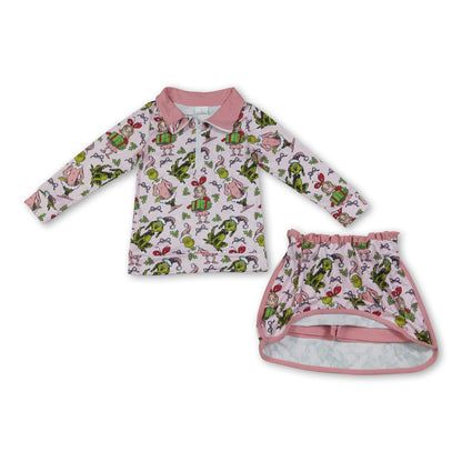 Green face gift pink pullover skirt girls Christmas outfit