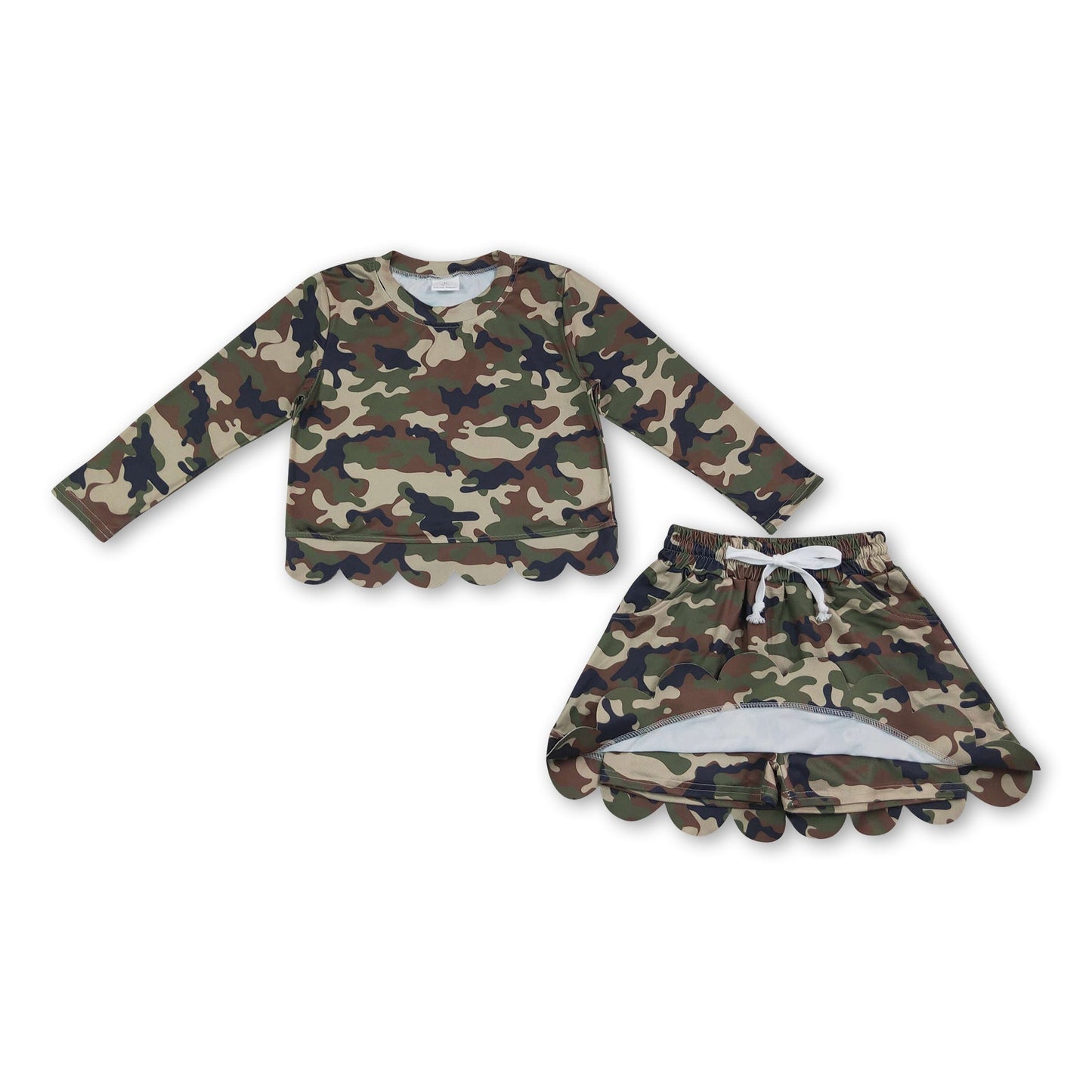 Long sleeves green camo scallop top skirt kids girls outfits