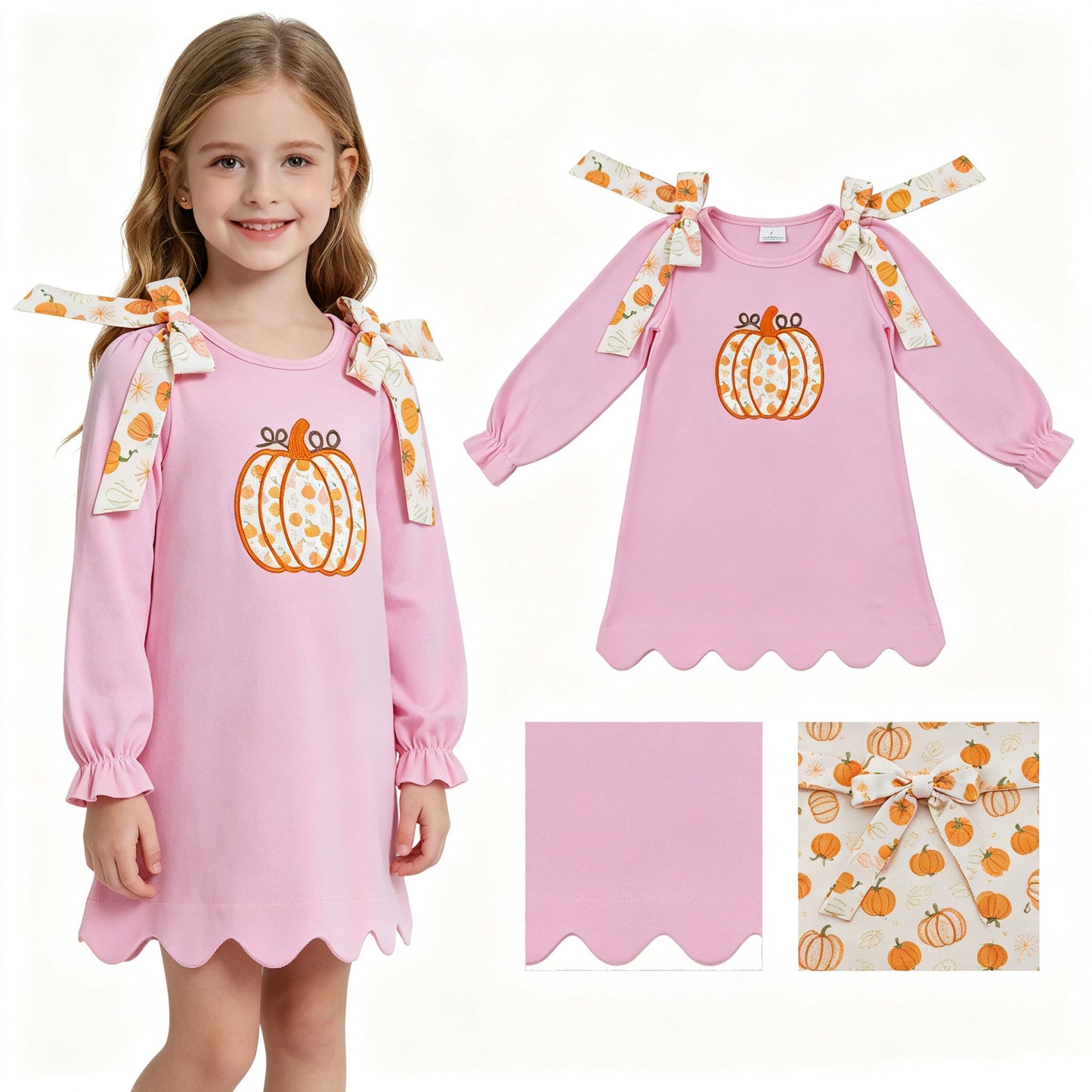 Pumpkin embroidery scallop girls fall dresses
